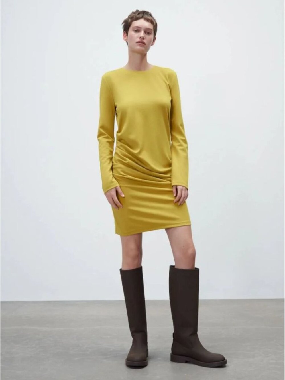 Zara Drape Detail Dress Long Sleeve Mini Yellow-Green Chartreuse Medium